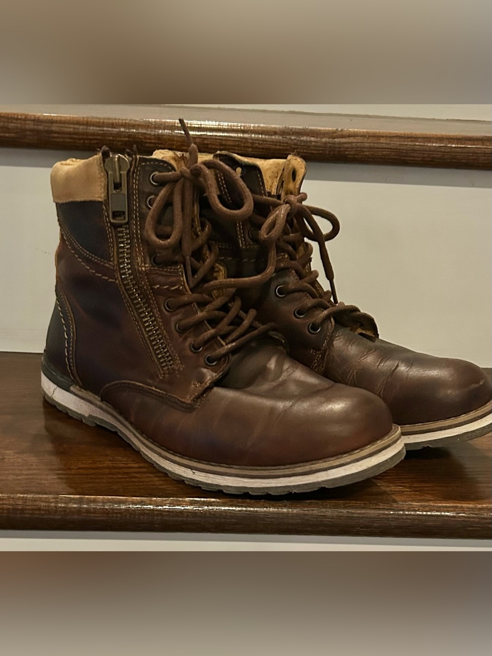 GBX Ankle Boot Men 11 M Shoe Side Zip Lace Up Cap Toe Brown Leather Upper Casual